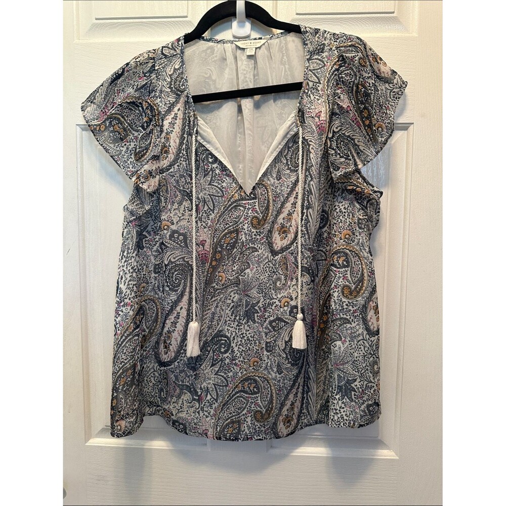 Lucky Brand Paisley Tassel V-Neck Flutter Sleeve Blouse Boho Chic Feminine L